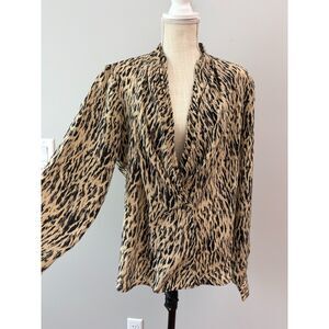 Vintage Allison Taylor 100% Silk Leopard Animal Print Blouse XL Shoulder Pads